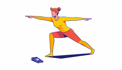 Fototapeta premium Empowered Woman Performing Warrior II Pose Guided by Digital Fitness App, Promoting Home Workout and Mental Wellness