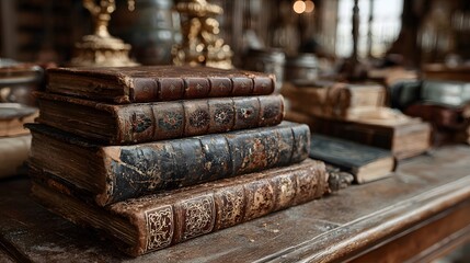 Fototapeta premium Stack of ancient, leather-bound tomes rests on a dusty wooden table in a library. Soft light creates an atmosphere of knowledge and rich history.