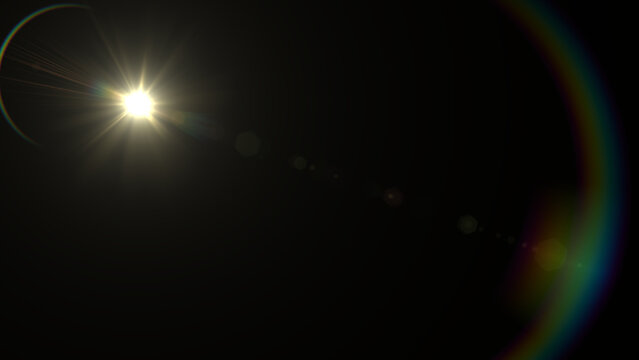 Dramatic lens flare with rainbow effect overlay for film, digital, and creative projects, adding a touch of cinematic brilliance with light and color for stunning visual impact