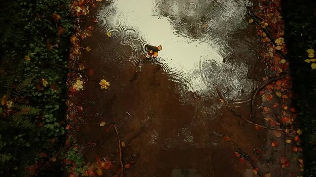 Calm autumn scene showing raindrops falling into a puddle surrounded by red and orange leaves. The top-down view captures the beauty of rain and seasonal change.