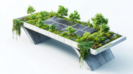 Eco-bridge design – Isometric 3D eco-bridge with vegetation, stormwater capture, and solar panels, blending infrastructure with sustainable nature.