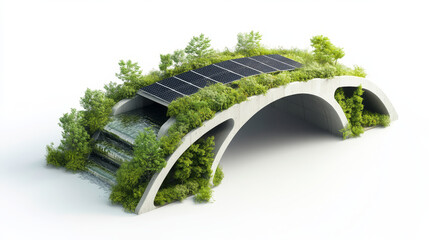 Eco-bridge design – Isometric 3D eco-bridge with vegetation, stormwater capture, and solar panels, blending infrastructure with sustainable nature.
