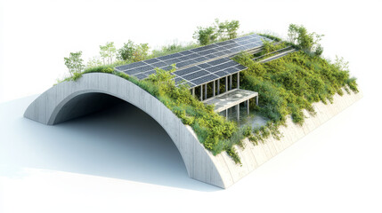 Eco-bridge design – Isometric 3D eco-bridge with vegetation, stormwater capture, and solar panels, blending infrastructure with sustainable nature.