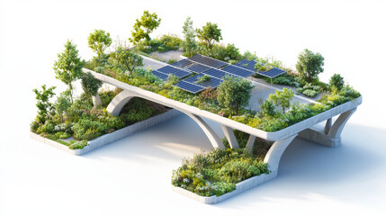 Eco-bridge design – Isometric 3D eco-bridge with vegetation, stormwater capture, and solar panels, blending infrastructure with sustainable nature.