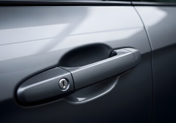 Closeup of a modern car door handle in silver color, reflecting light