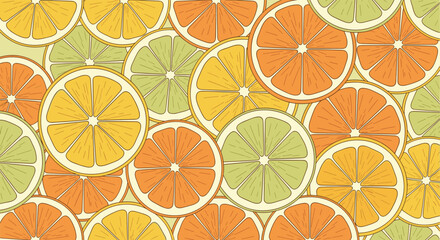 Obraz premium Seamless pattern of colorful citrus fruit slices in a vintage style background.
