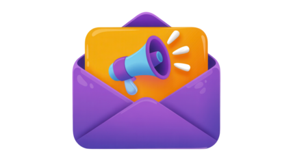 3d illustration of a purple envelope opening to reveal a bright orange card with a colorful megaphone announcing a message isolated on transparent background