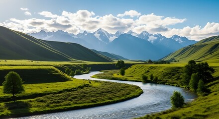Scenic River Valley Landscape with Distant Mountains and Green Fields.