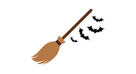 Halloween Witch Broom with Flying Bats.