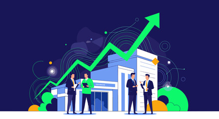 Business growth and success with upward trending graph and modern building.