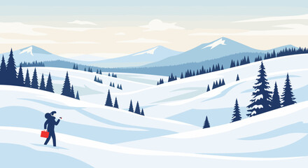 Winter Landscape with a Person Walking Through Snow.