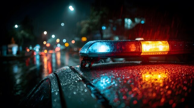 Top of a police car at night has red and blue emergency lights flashing. They reflect on wet pavement, creating a dramatic and urgent cinematic mood.