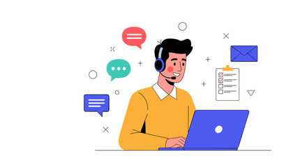 Man with headset working on laptop with chat bubbles.