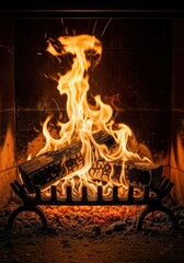 Crackling fireplace flames burning wood logs creating warm cozy atmosphere with dancing fire and glowing embers in home interior hearth