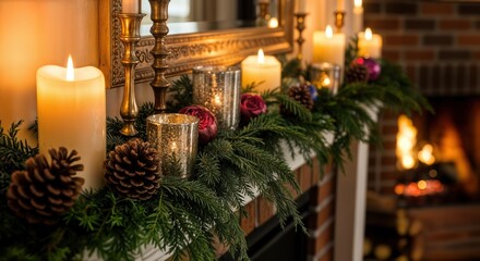 Holiday decorated fireplace mantel with evergreen garland candles mercury glass votives vintage ornaments and brass candlesticks