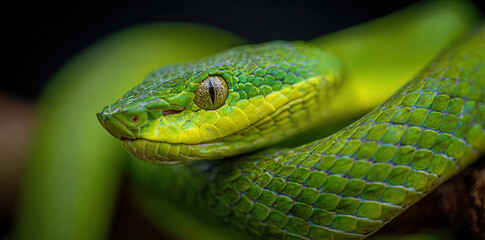 Obraz premium Bright green snake resting on a branch in a tropical setting with vibrant foliage during the day