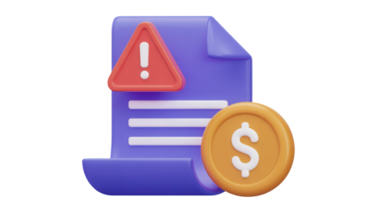 3d illustration of a financial document with an alert symbol and a coin representing a warning about financial risk isolated on transparent background