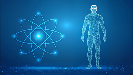 Abstract Human Body Silhouette and Nuclear Atom Model Illustrating Science Health Energy and Molecular Connection Concept