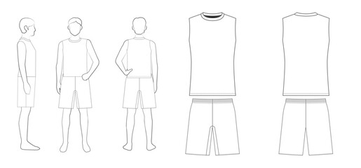 メンズテニスユニフォームのテンプレート（ノースリーブ・ショートパンツ・前・後・横・平面図）Men's Tennis Uniform Template &ndash; Sleeveless Top with Shorts, Front, Back, Side & Flat Views
