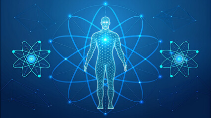 Abstract Human Body Silhouette and Nuclear Atom Model Illustrating Science Health Energy and Molecular Connection Concept