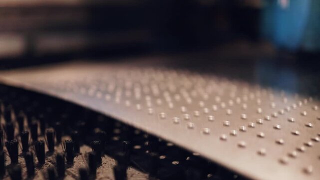 Close-up of an industrial turret punch press machine head working on a sheet metal plate, perforating holes with precision in a modern factory setting with automated technology