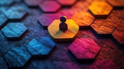Naklejka premium Single figure on elevated hexagon in colorful honeycomb pattern.