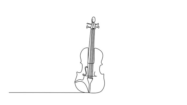 Animated self drawing of single continuous line drawing violin standing position with bow at side. A melodious musical. Beautiful melody. Classical. World Fiddle Day. Full length single line animation