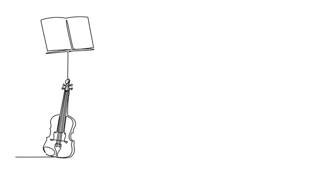 Animation of single continuous line drawing violin with its strings leaning against the note stand. The violinist. Composer. World Fiddle Day. One line self drawing animated. Full length motion