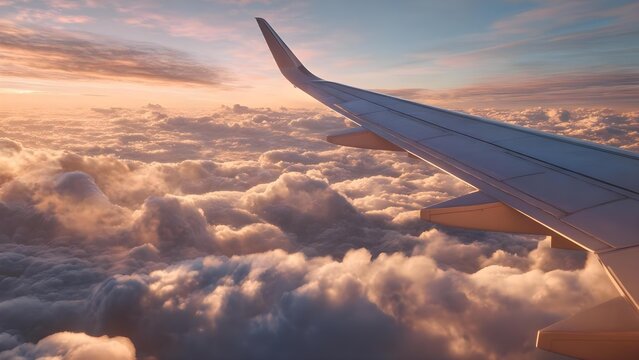 Sunset over a sea of clouds, viewed from an airplane window with the wing extending into the glowing sky. Concept Sunset over clouds from window, Wing silhouette in frame, Glowing sky gradient