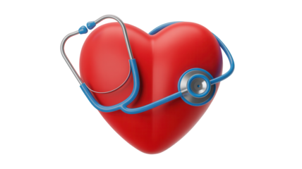 A realistic red heart with a blue stethoscope wrapped around it symbolizing health and medical care isolated on transparent background