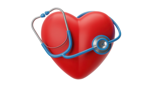 A realistic red heart with a blue stethoscope wrapped around it symbolizing health and medical care isolated on transparent background