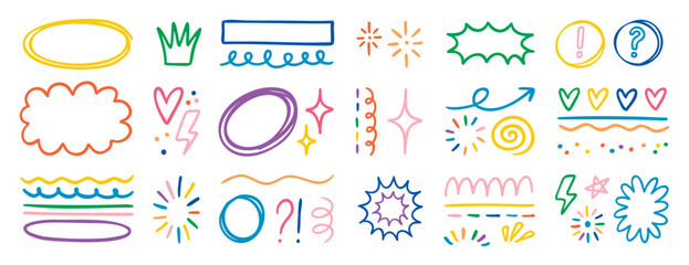 Playful doodle set with splashes exclamations and random elements, hand drawn