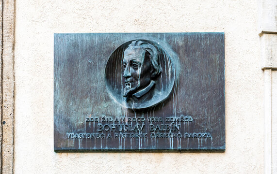 Bronze commemorative plaque dedicated to Czech writer and historian Bohuslav Balbin in Karlova Street, Stare Mesto district (Old Town), Prague city center, Czechia