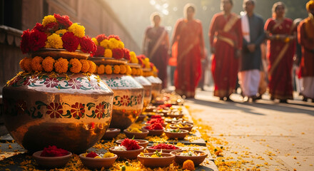 Fototapeta premium Hindu Harvest Festival Pongal celebration scene decorated pots, traditional sweets, families gathering celebrate harvest, exhibiting joy and gratitude