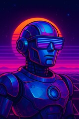 Cybernetic Sentinel at Sunset: A futuristic robot stands against a vibrant sunset, a symbol of technology and progress in a digitized world. 