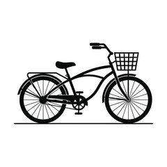 Black and white silhouette of a cruiser bicycle with a front basket, isolated on white background
