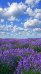 Naklejka premium Beautiful field of lavender blooms under a bright blue sky with fluffy clouds in late spring