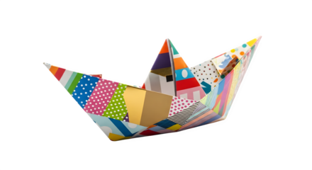Colorful paper boat isolated on transparent background, a whimsical and playful craft