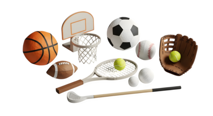 Collection of sports equipment isolated on transparent background, ready for a game