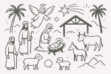 Hand Drawn Nativity Scene Christmas Vector Set – Spiritual Sketchbook Style Black and White Illustration