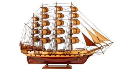 Detailed model ship with sails isolated on transparent background