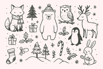 Hand Drawn Winter Animals Christmas Pattern in Sketchbook Style – Black and White Seamless Vector Set