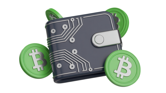 3d rendering of a digital cryptocurrency wallet with bitcoin coins surrounding it isolated on transparent background