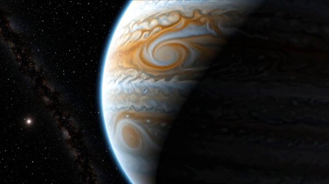 Jupiter Gas Giant Planet with Asteroid in Deep Space