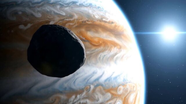 Jupiter Gas Giant Planet with Asteroid in Deep Space