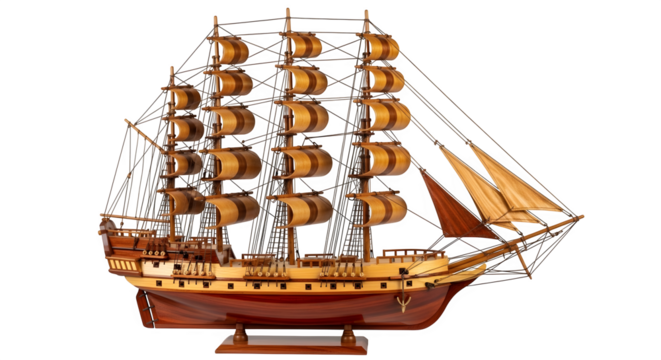 Detailed model ship with sails isolated on transparent background - Powered by Adobe