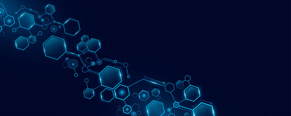 Futuristic connected blue hexagons with light effects for Technology or Science background. Cyber hexagonal pattern for scientific research presentation. Vector Illustration.