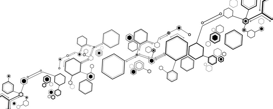 Connected black circuit hexagons on white background for Technology or Science backdrop. Cyber hexagonal pattern for scientific research presentation or tech concept. Vector Illustration. - Powered by Adobe