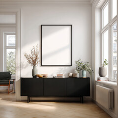 Modern living room decor featuring a minimalist sideboard with plants and empty frames in a sunny space