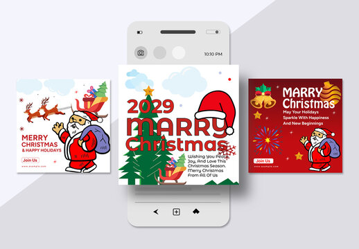 Merry Christmas Social Media Post Design Template With Festive Elements In Red And White Color